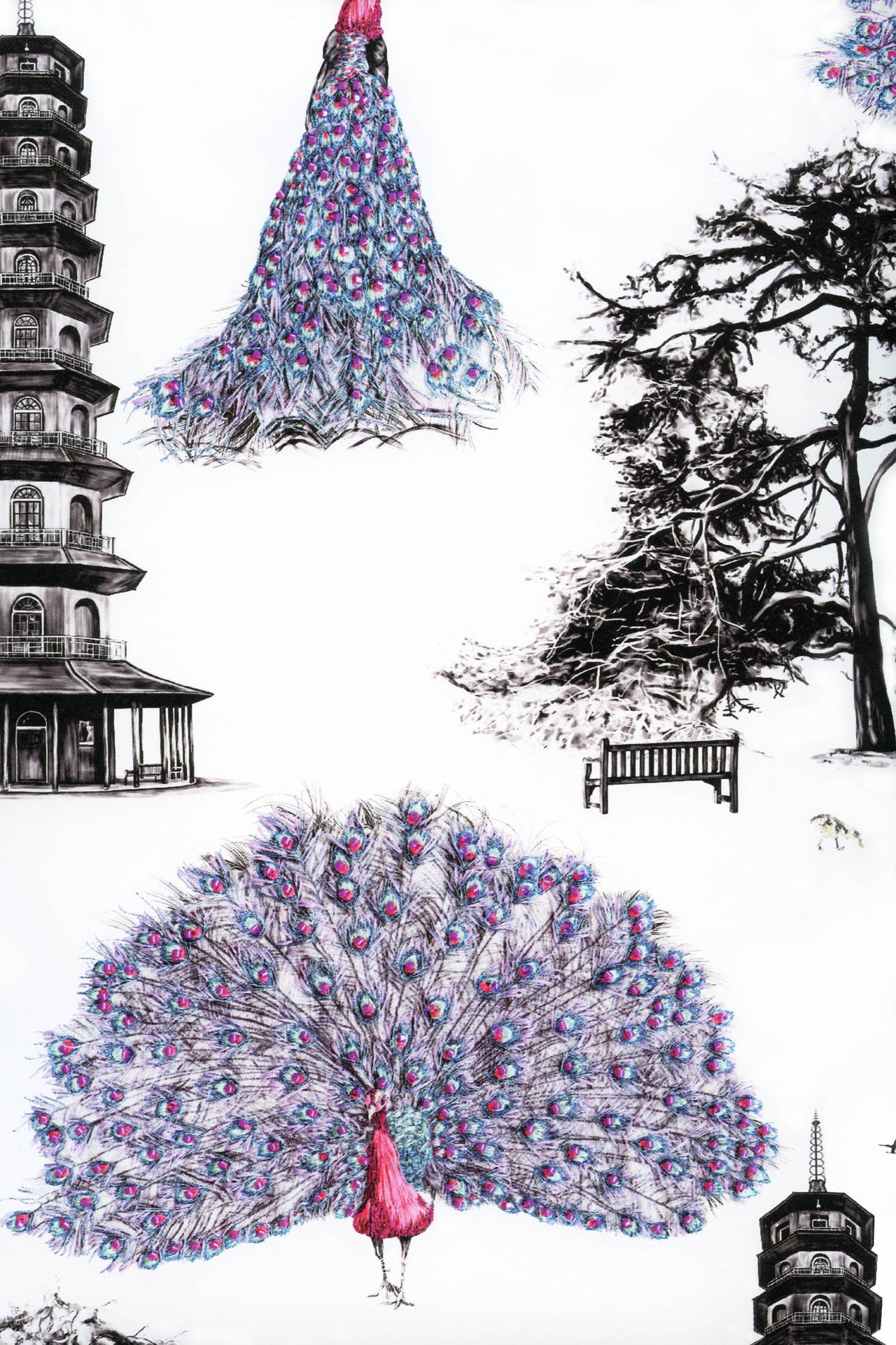 Kew Peacocks Wallpaper - Pink