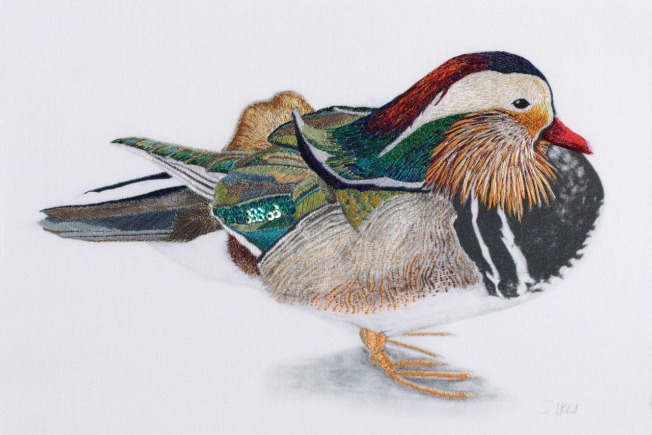 Mandarin duck hand embroidered artwork