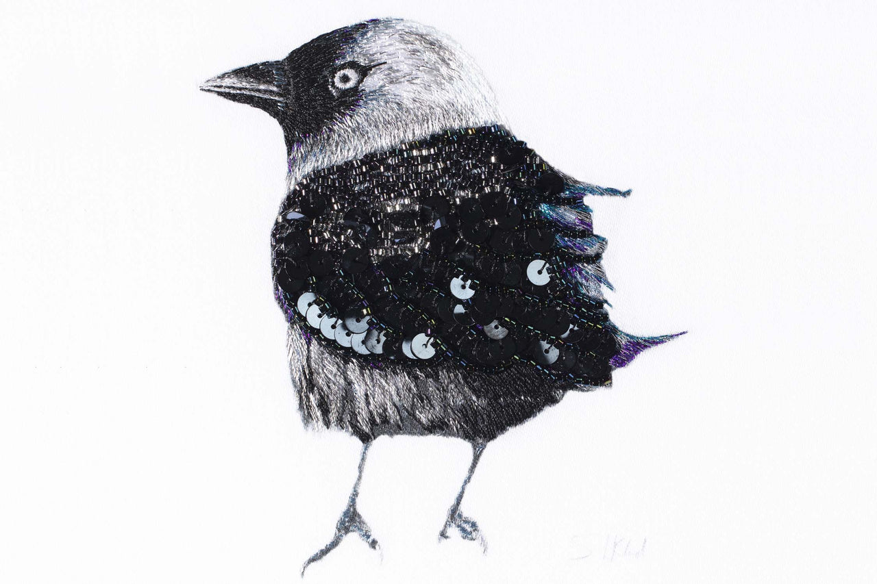 Quirky bird hand embroidered, beaded & sequinned artwork.