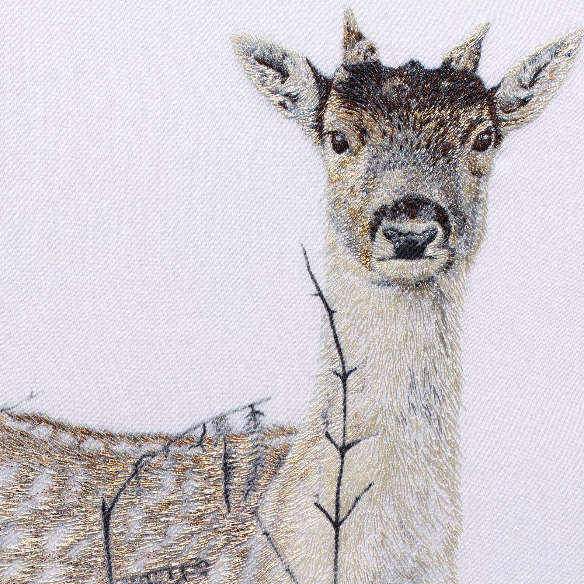 Original young deer hand embroidered artwork close up