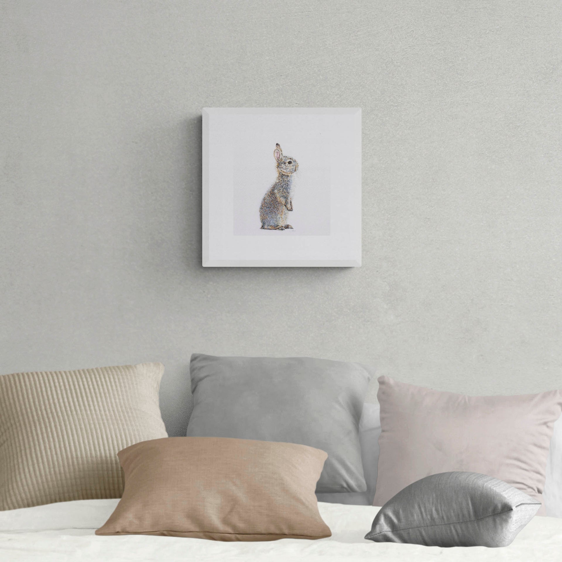 Hand embroidered bunny limited edition print on wall