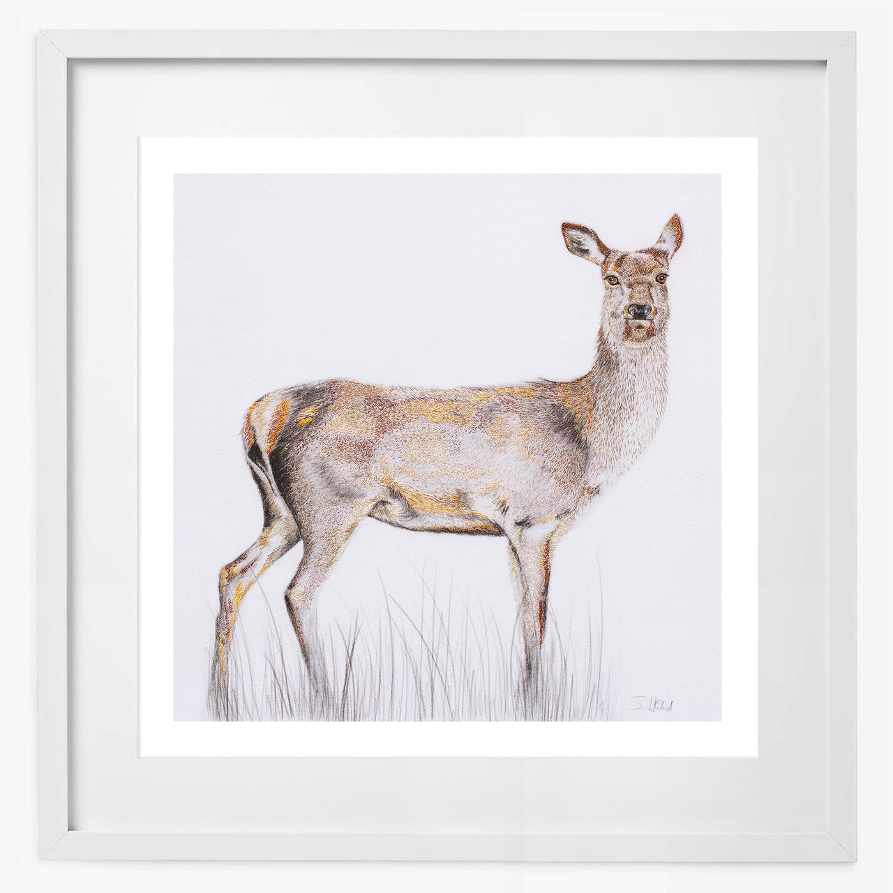 Hand embroidered deer limited edition print in white frame