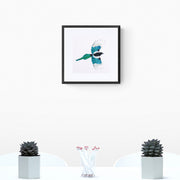 Hand embroidered flying magpie limited edition print in black frame
