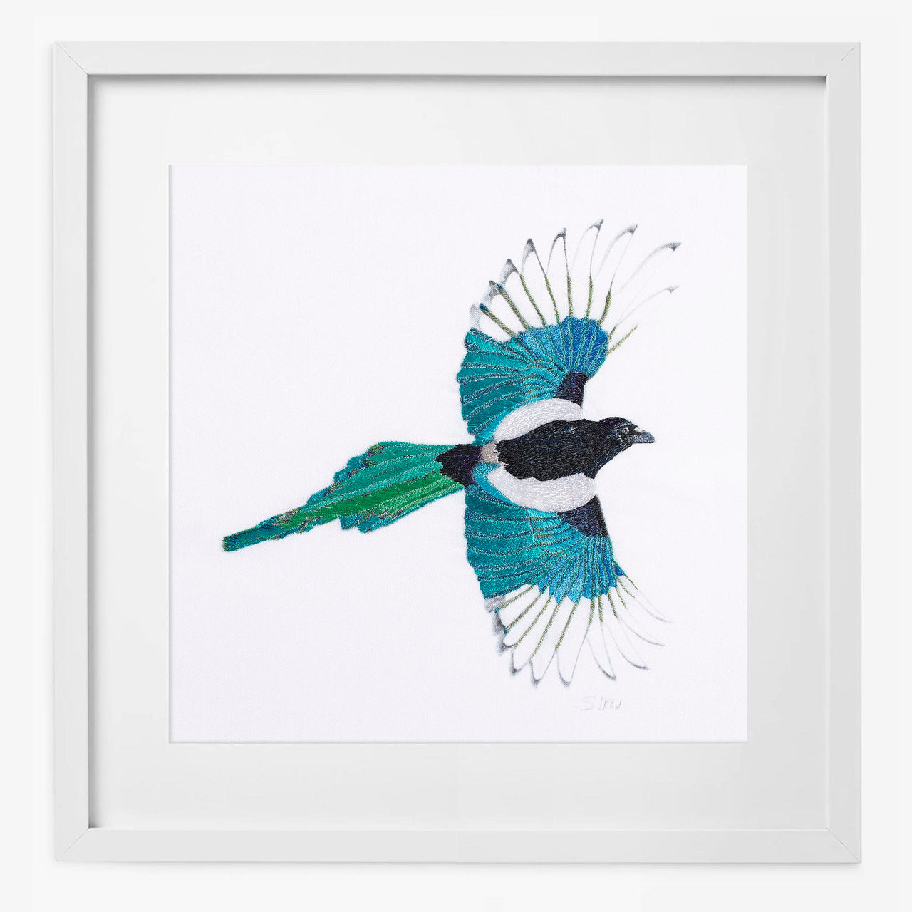 Hand embroidered flying magpie limited edition print in white frame