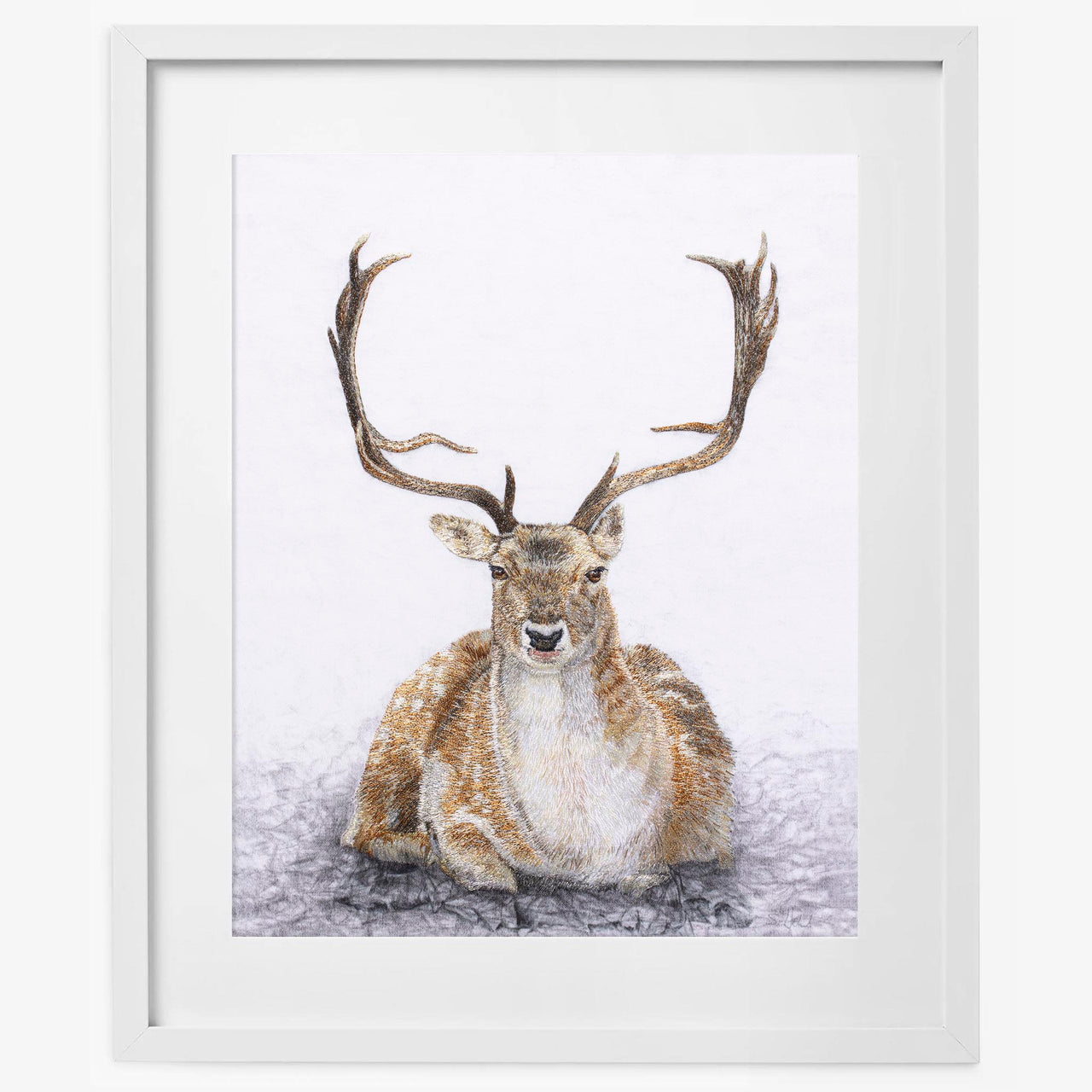 Hand embroidered siting deer limited edition print in white frame