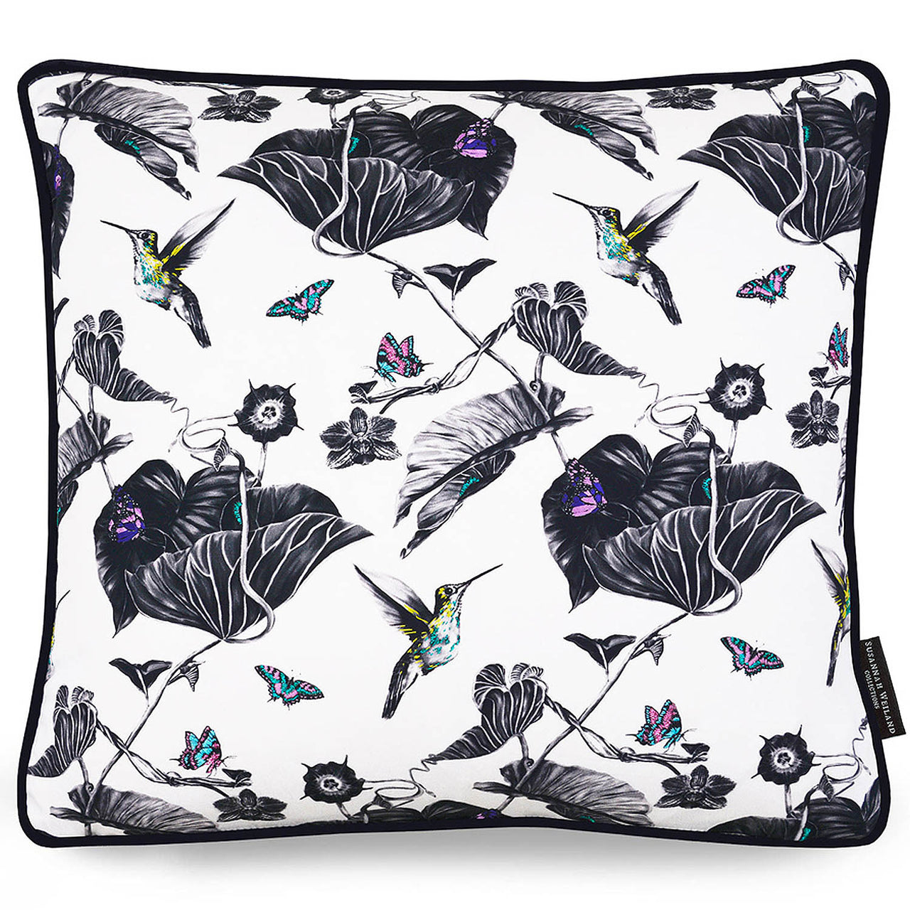 Cushion with Hummingbirds Print and highlight of hand embroidery