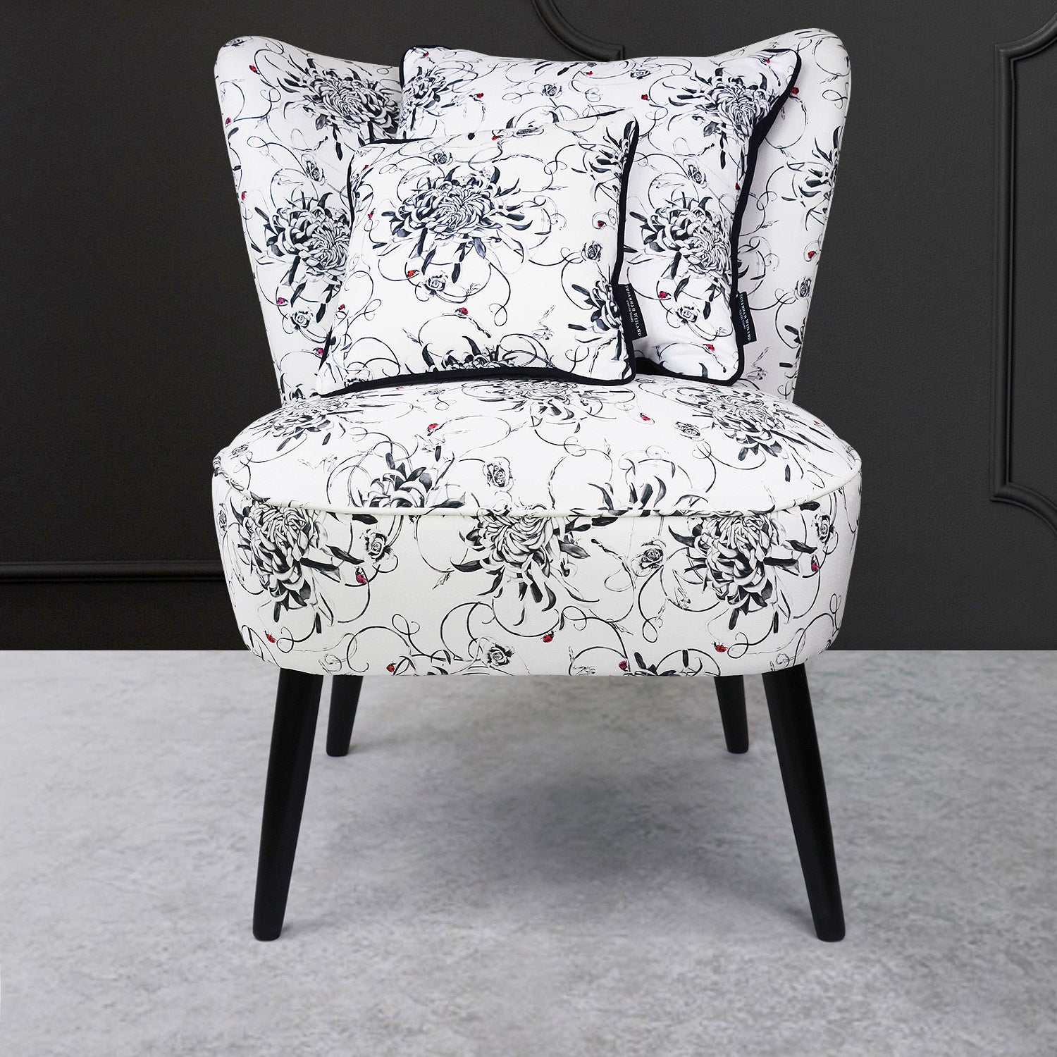 cocktail chair with floral chrysanthemum fabric and cushions