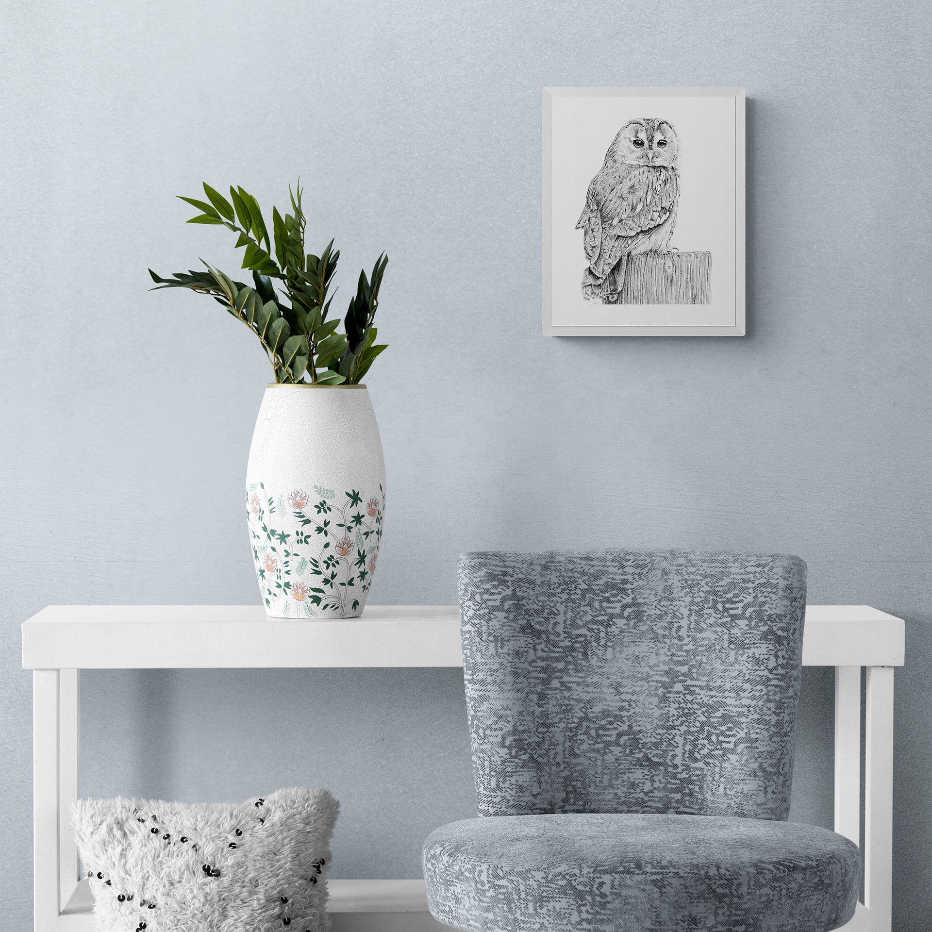 Owl pencil drawing print in white frame 