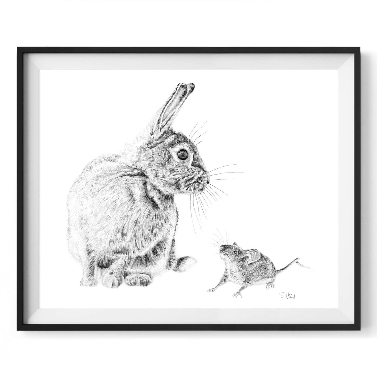 Rabbit and mouse drawing framed