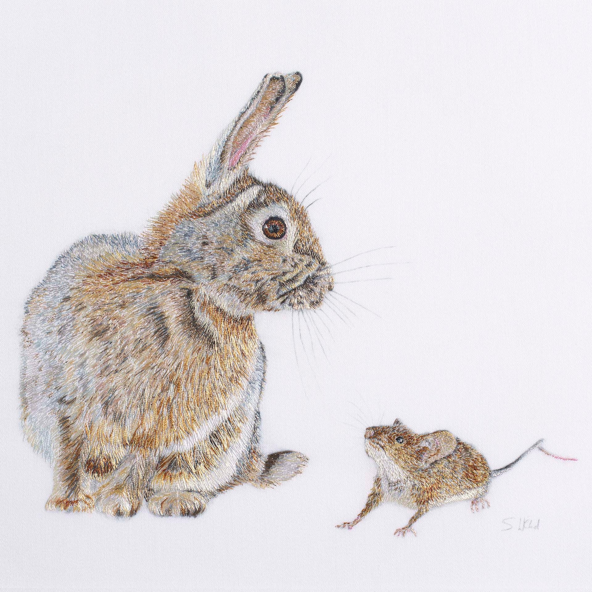 Hand embroidered rabbit and mouse artwork
