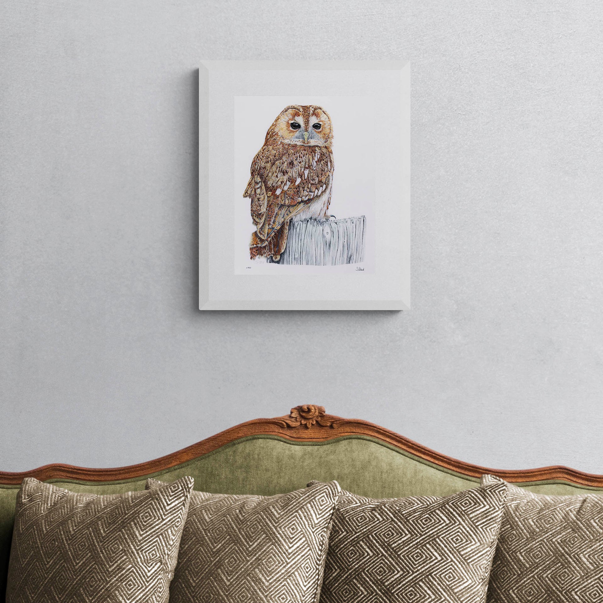 limited edition print of a Owl hand embroidery on the wall