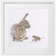 Hand embroidered rabbit and mouse artwork in white frame