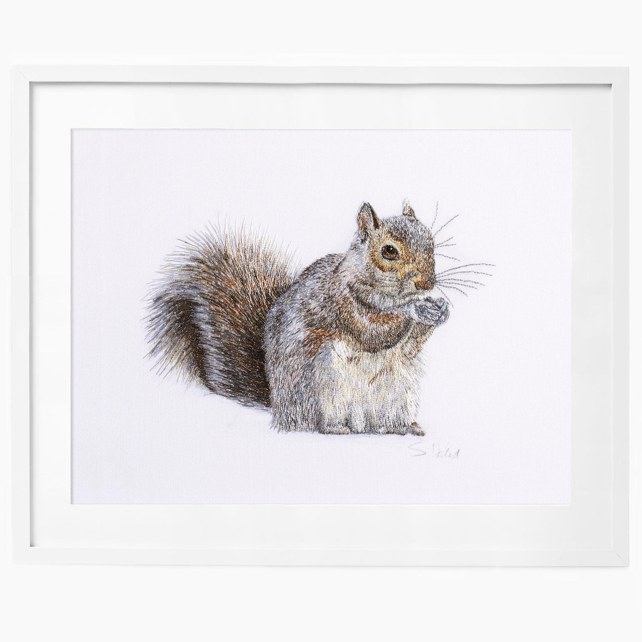 Squirrel hand embroidery limited edition print in white frame