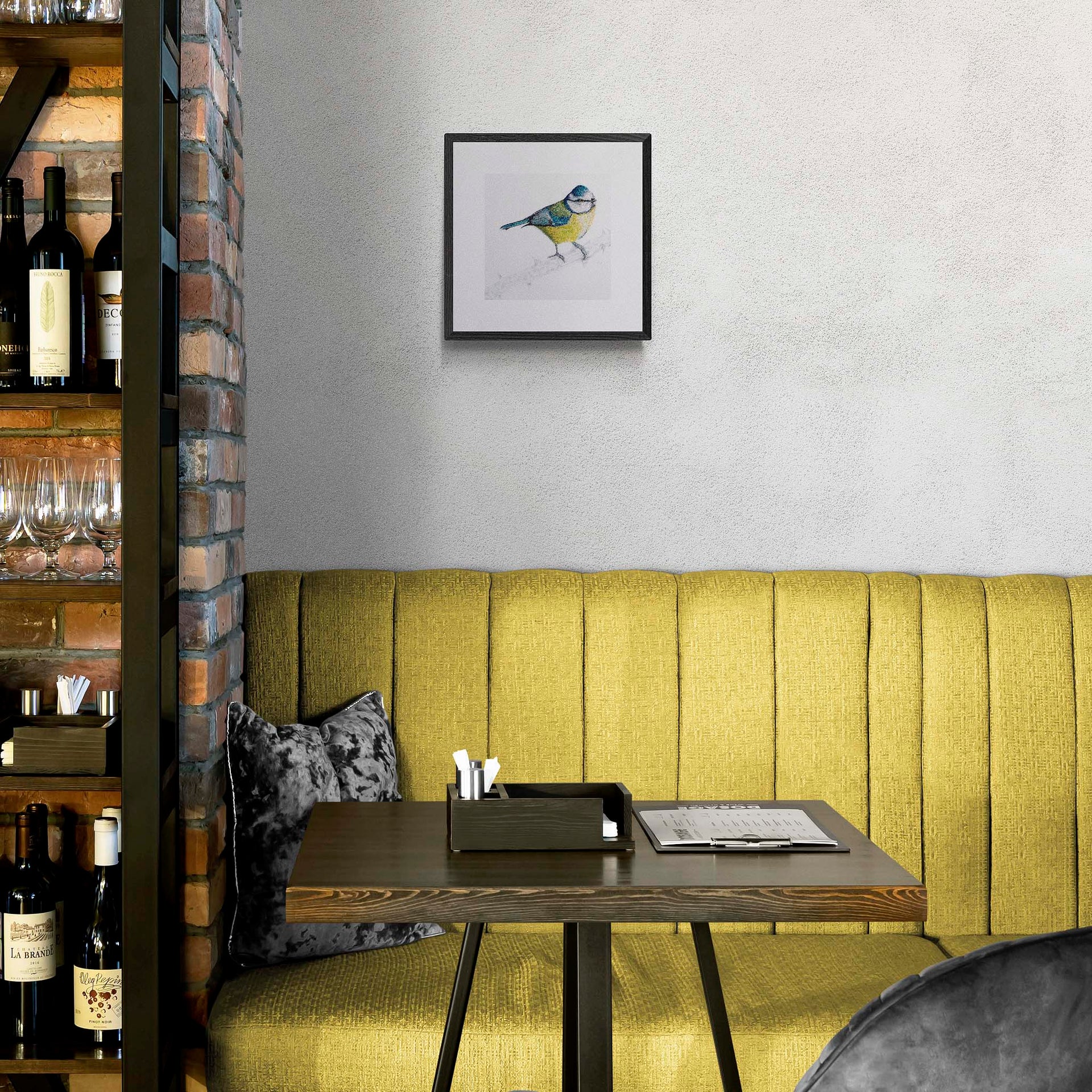 Blue tit hand embroidery limited edition print in frame on the wall