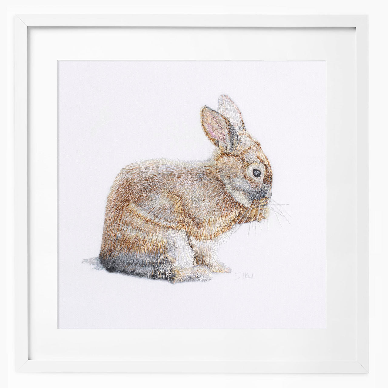 Hand embroidered bunny limited edition print in white frame