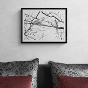 Hyde park parakeets pencil drawing print in black frame on the wall