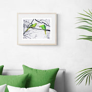 Hand embroidered hyde park parakeets limited edition print in frame on the wall