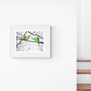 Hand embroidered hyde park parakeets limited edition print on the wall