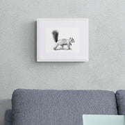 Squirrel pencil drawing print in white frame on the wall