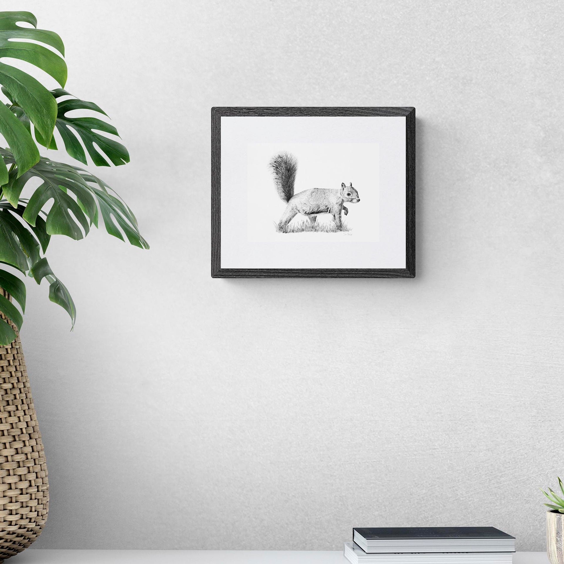 Squirrel pencil drawing print in black frame on the wall
