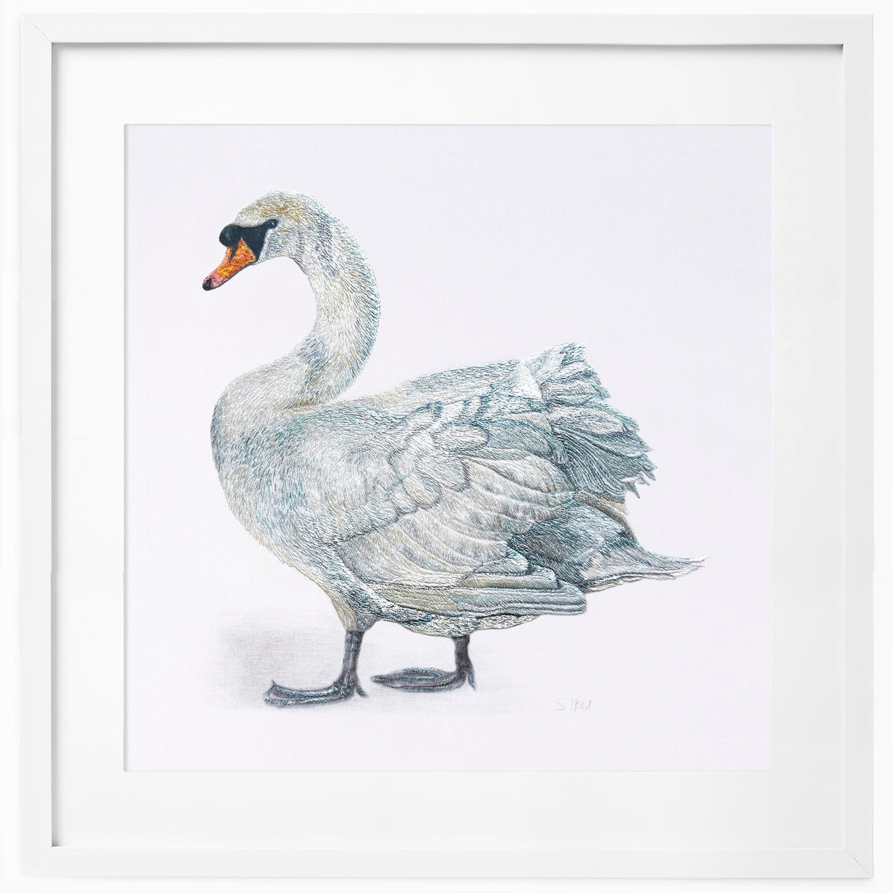 Swan hand embroidered limited edition print in white frame