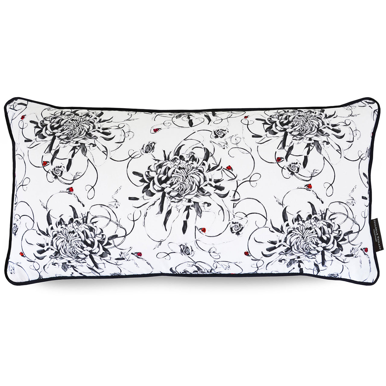 Monochrome floral bolster cushion with hand embroidered ladybirds 