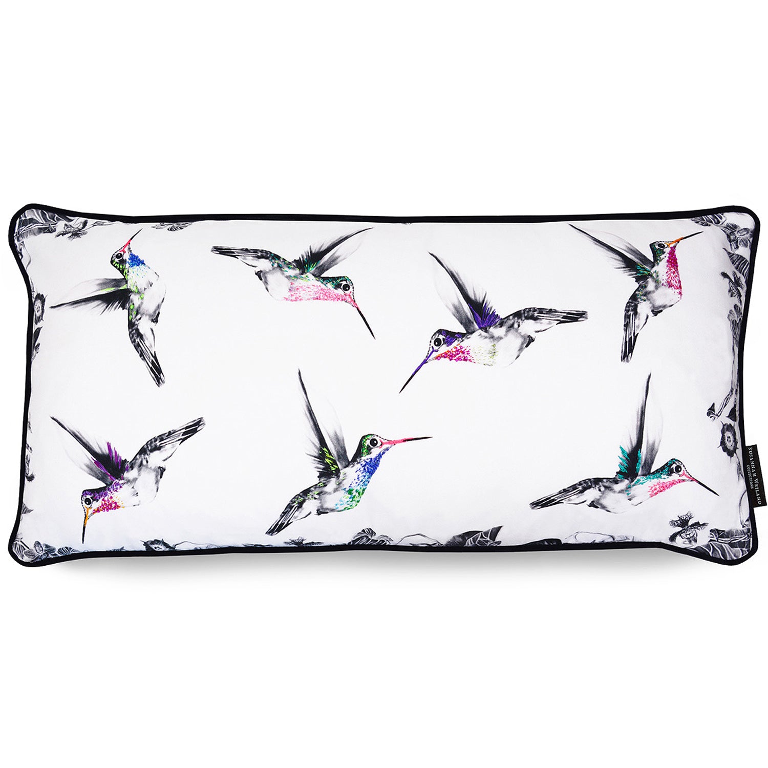 Bolster cushion with hand embroidered hummingbirds