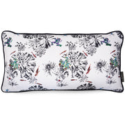 Botanical bolster cushion with hand embroidered frogs and fish