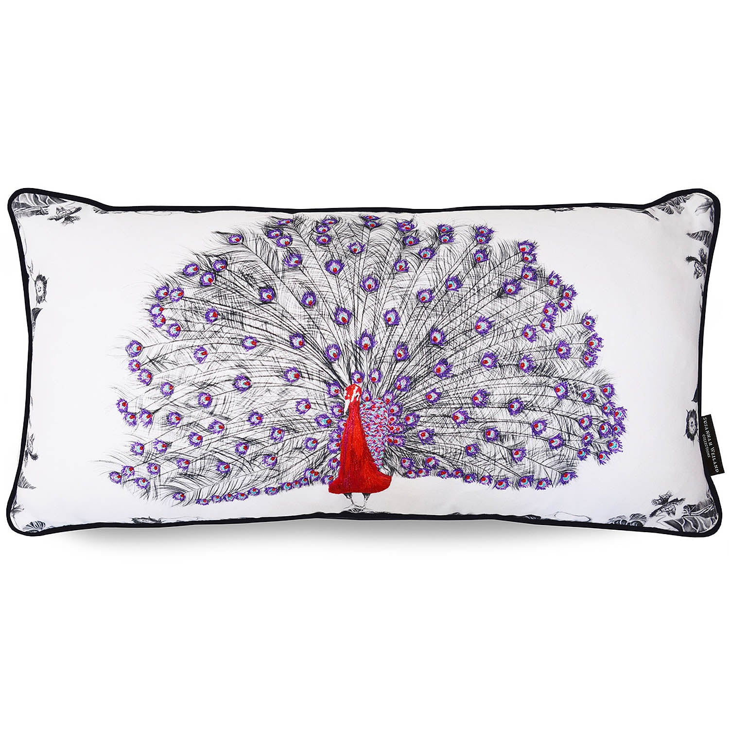 Peacock cushion with red and purple hand embroidered detail and seed beads