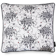 Monochrome floral large square cushion with hand embroidered ladybirds 