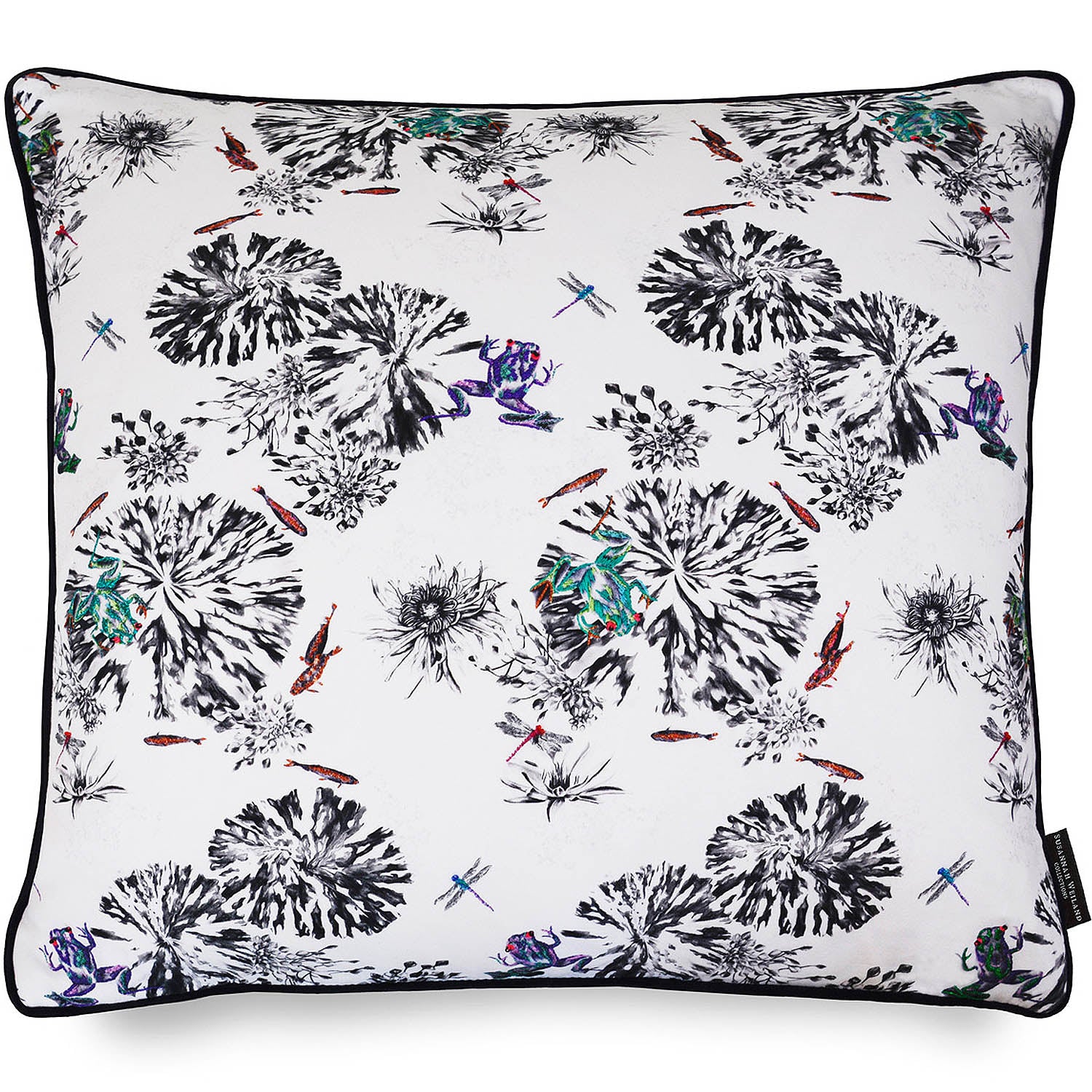 Botanical cushion with hand embroidered frogs and fish
