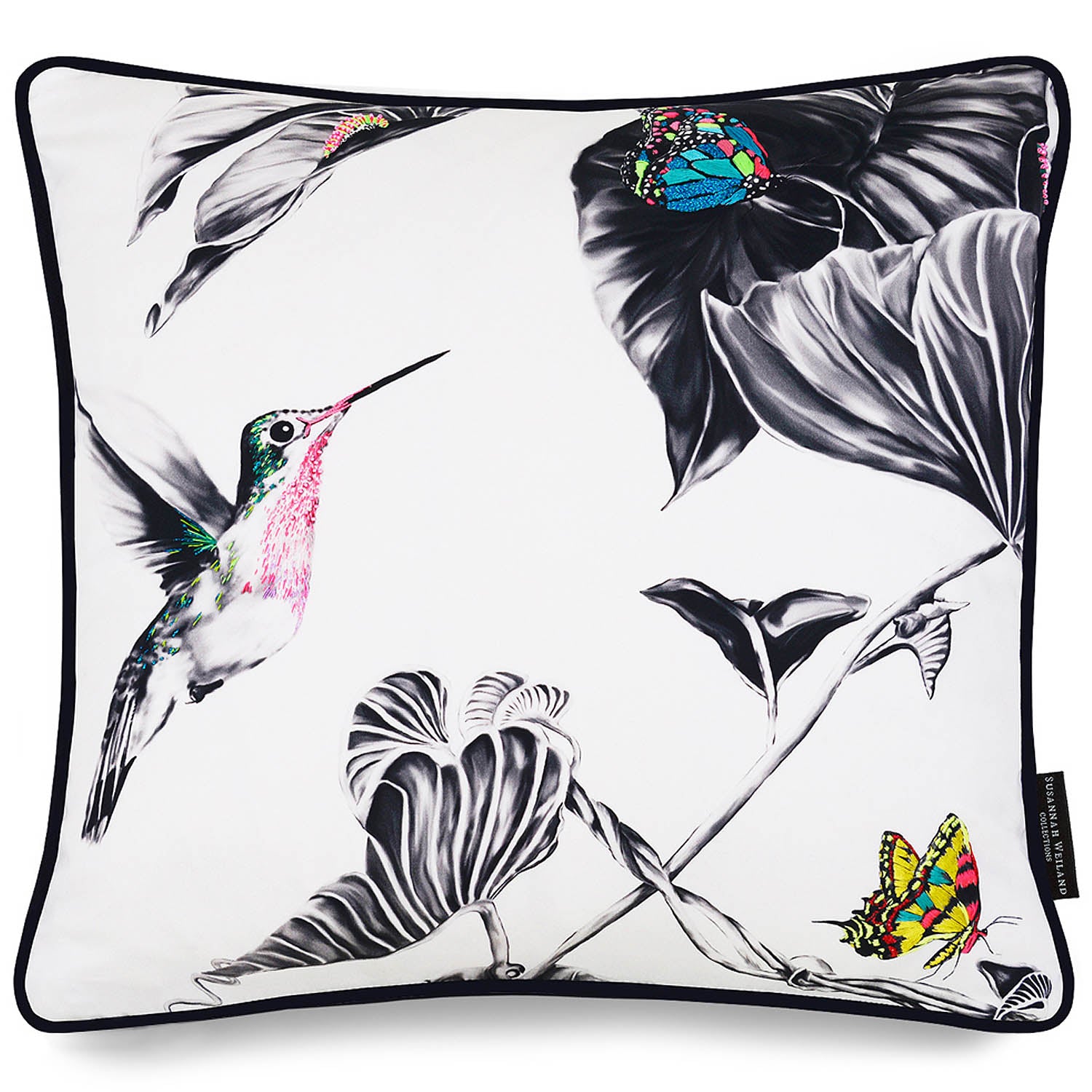 Hummingbird and Butterfly Hand Embroidered Cushion