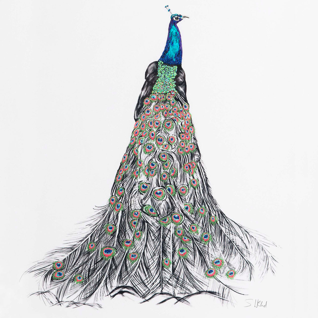 Peacock hand embroidered limited edition print