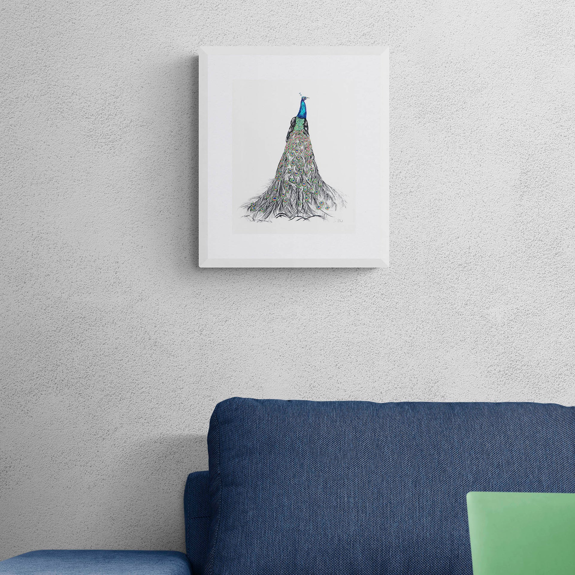 Peacock hand embroidered limited edition print in frame on the wall