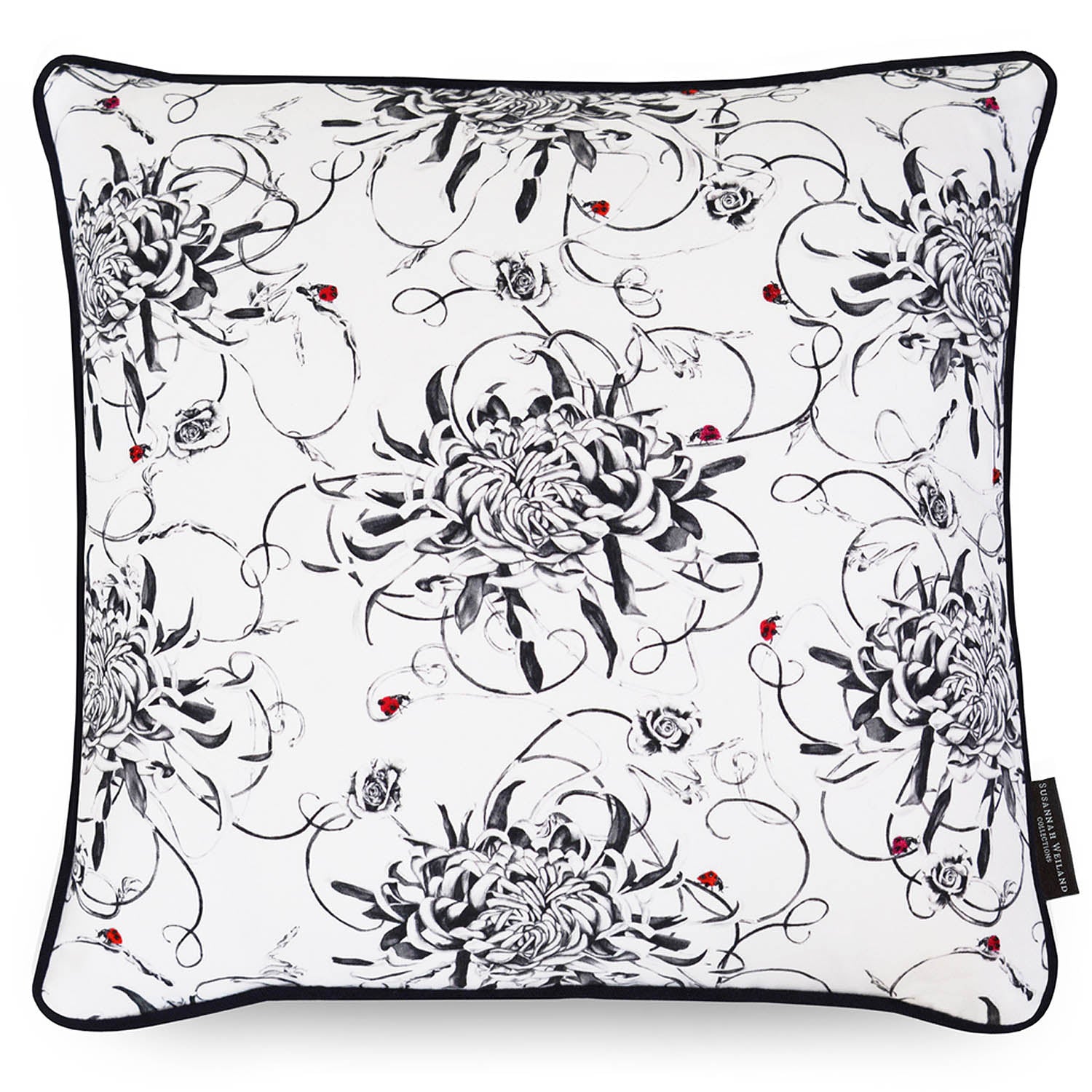 Monochrome floral medium square cushion with hand embroidered ladybirds 