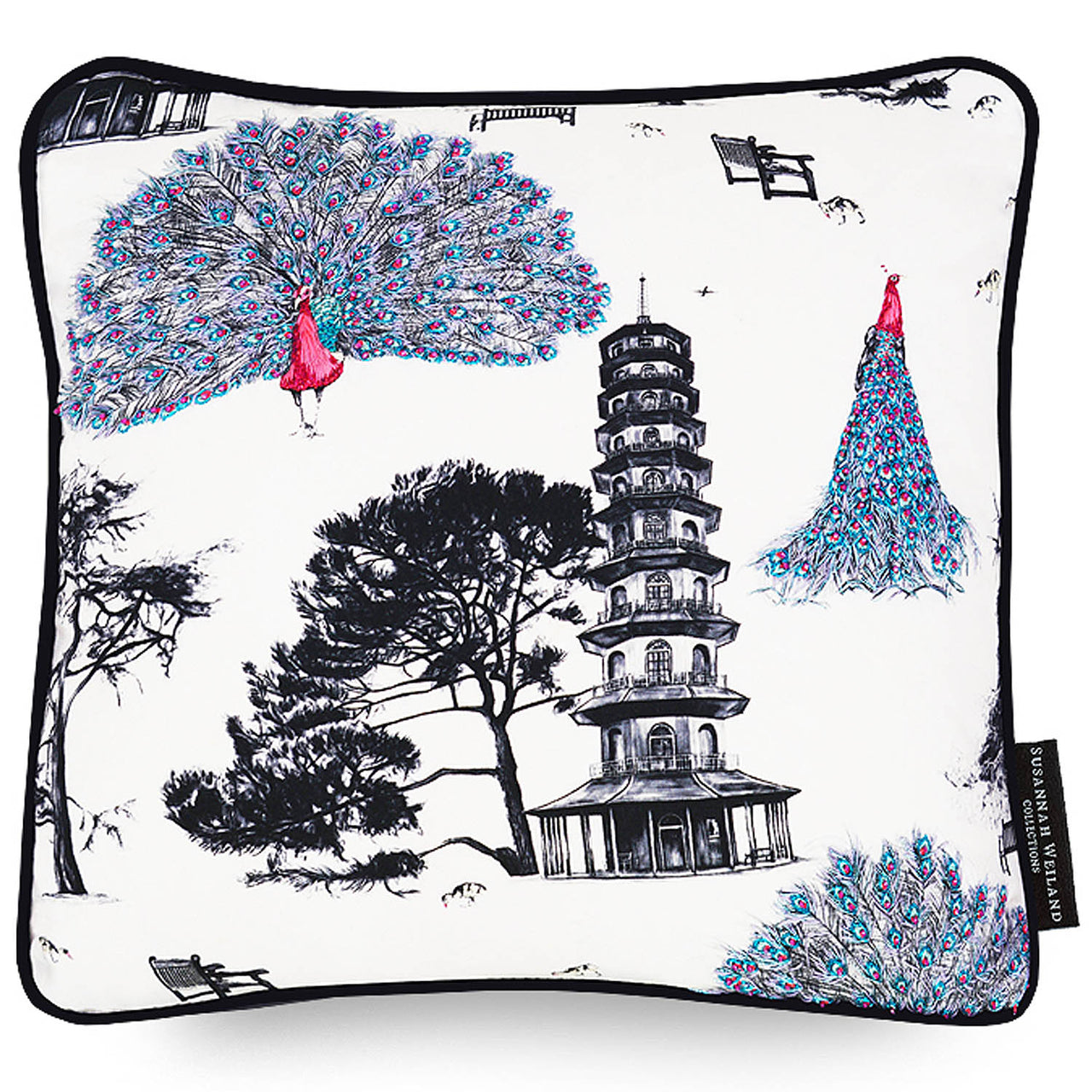 Mini cushion with hand embroidered pink and blue peacocks