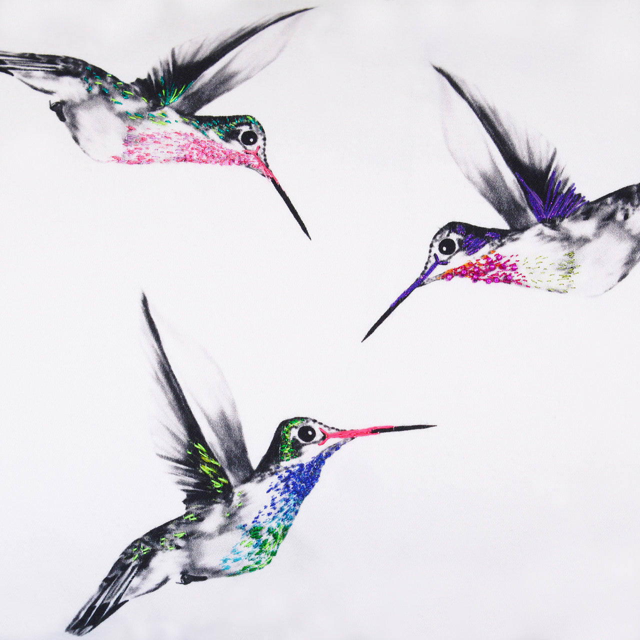 Bolster cushion with hand embroidered hummingbirds close up