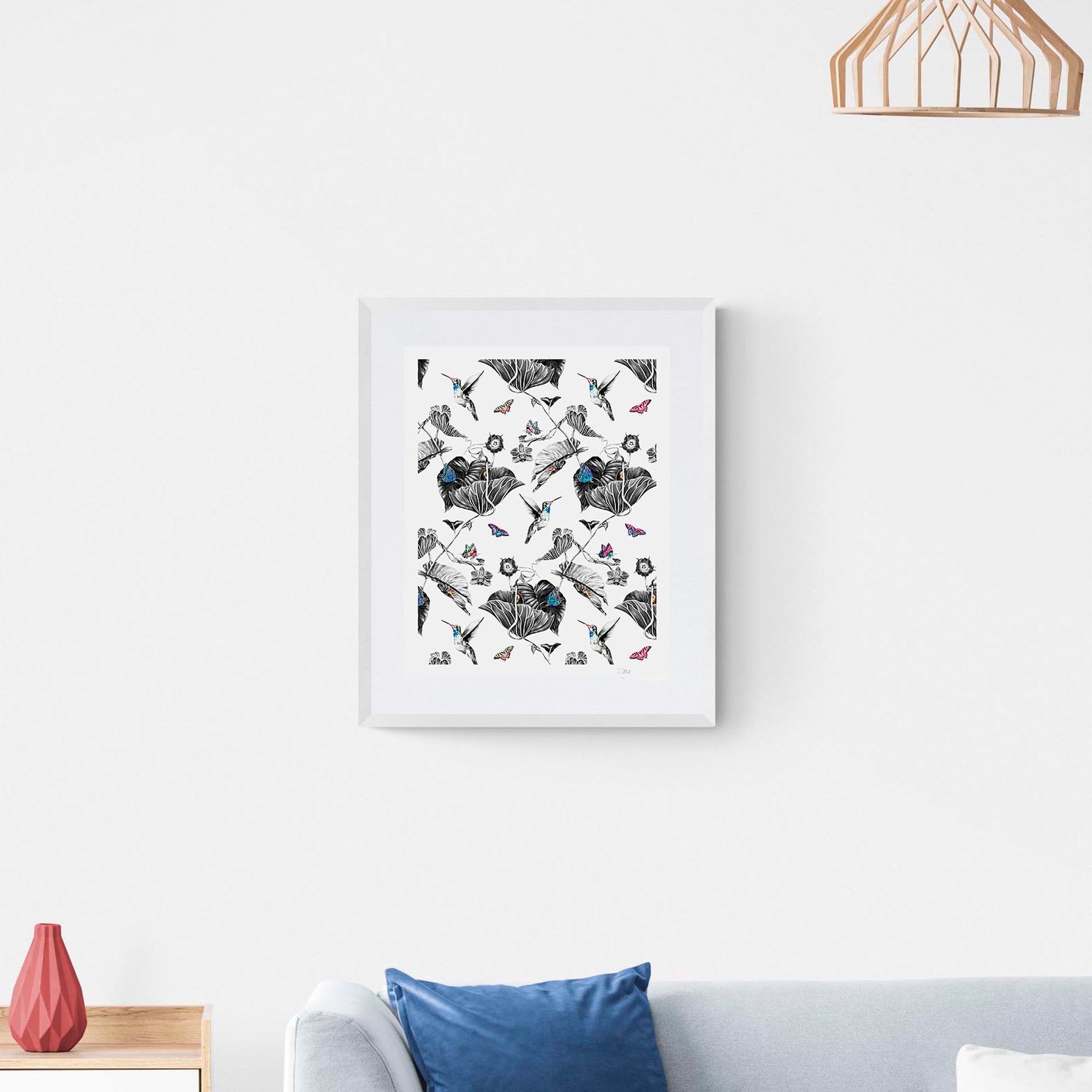 Hummingbird limited edition print in white frame on white wall