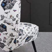cocktail chair with multi hummingbirds fabric close up