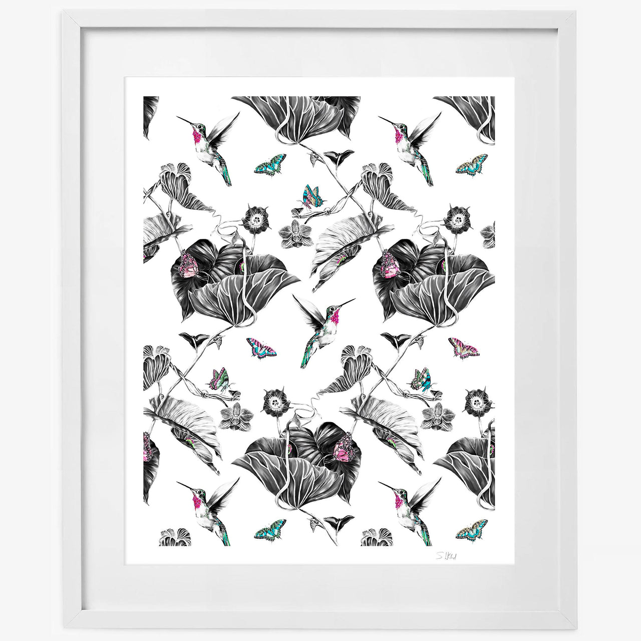 Pink hummingbird limited edition print in white frame on wall