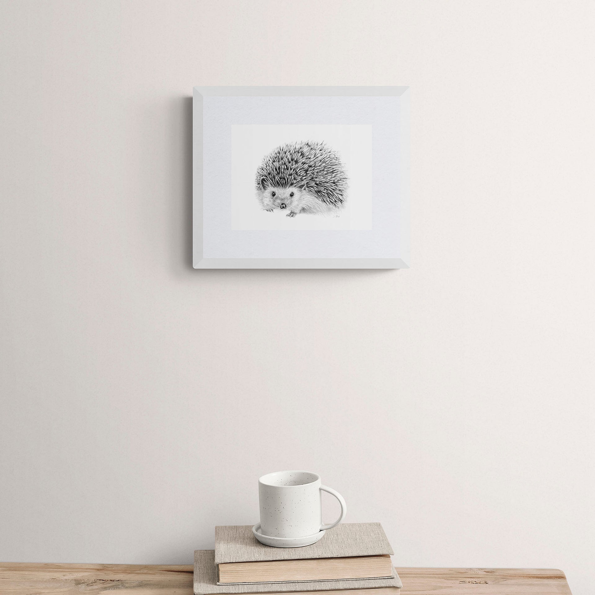 Hedgehog pencil drawing print in white frame