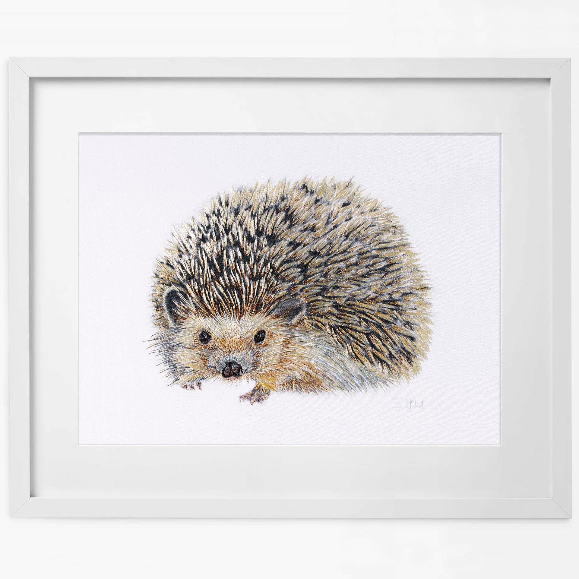 Hand embroidered hedgehog limited edition print in white frame
