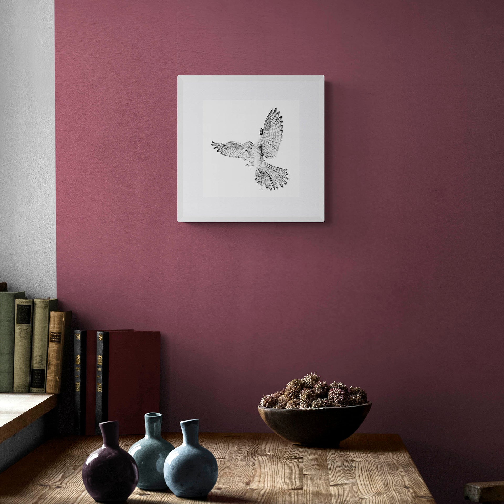 Giclée Print of Regent Kestrel Pencil Drawing in white frame on the wall
