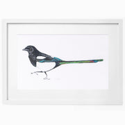 Hand embroidered magpie limited edition print in white frame