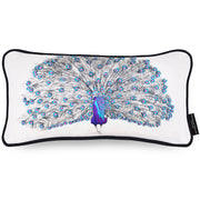 Peacock cushion with blue and purple hand embroidered detail and seed beads