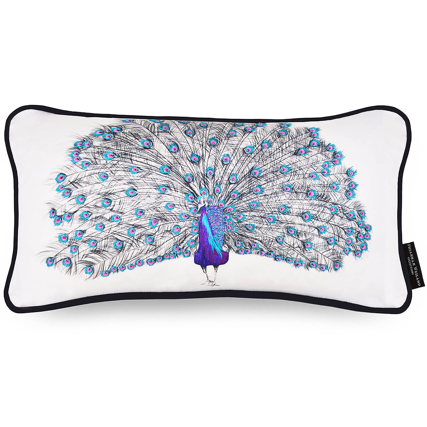 Peacock cushion with blue and purple hand embroidered detail and seed beads