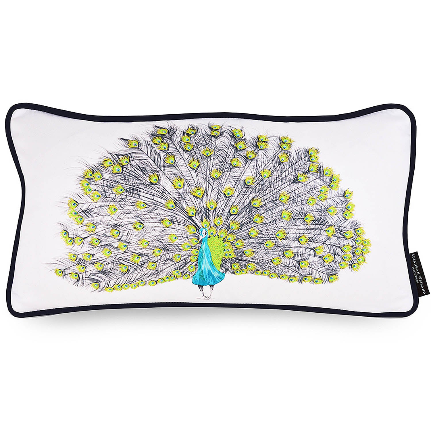 Peacock cushion with lime green and blue hand embroidered detail and seed beads