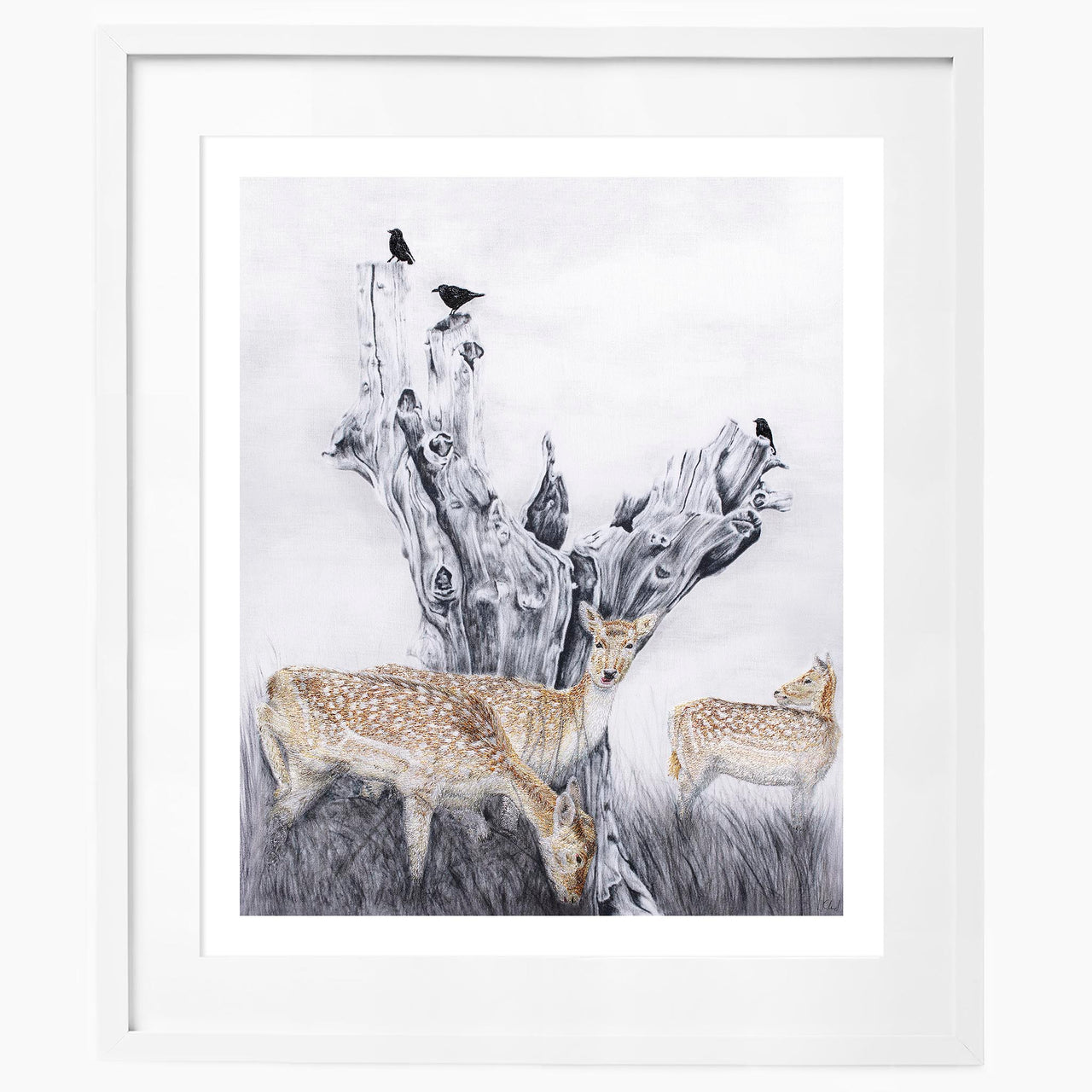 Deer hand embroidery print in white frame