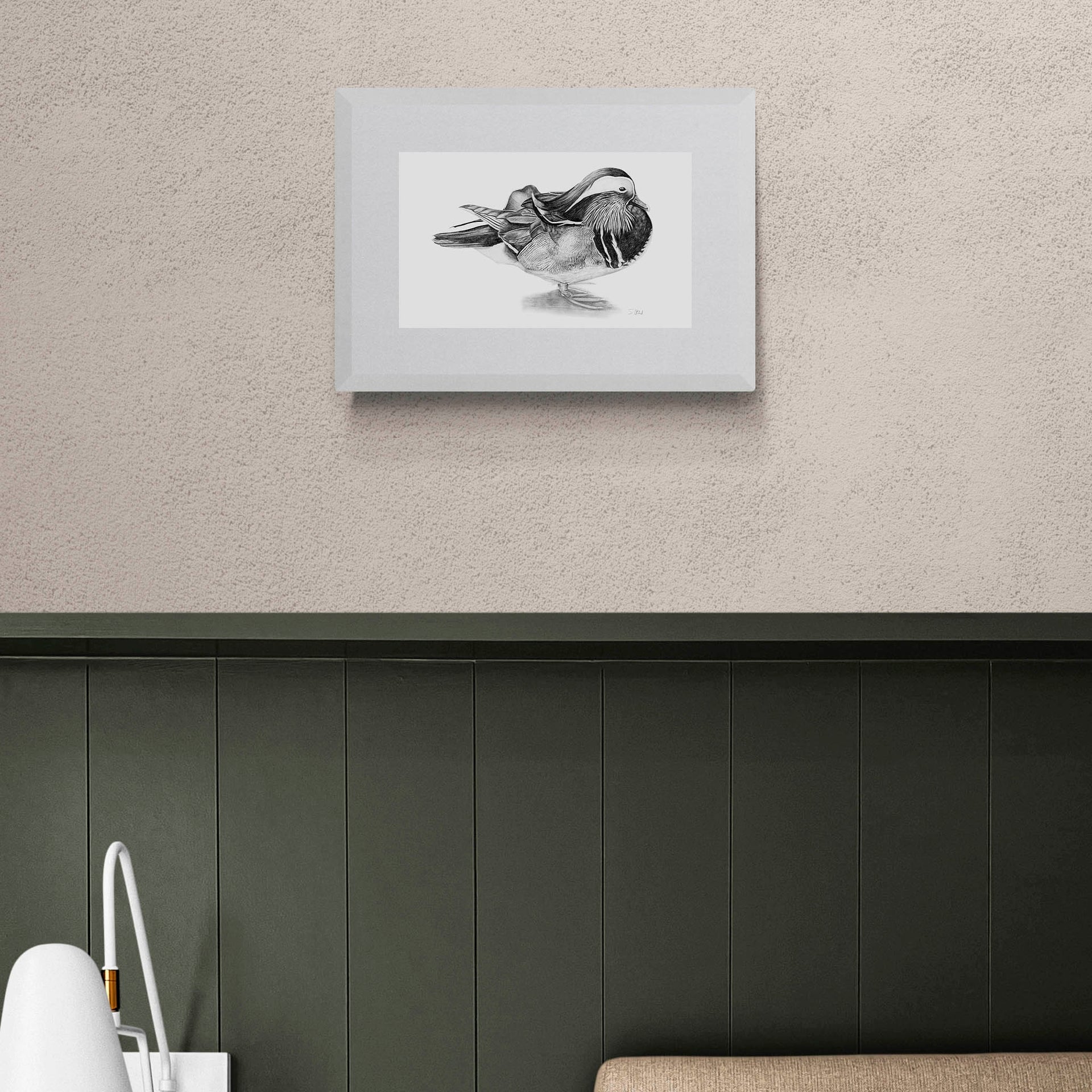 Mandarin duck pencil drawing print in frame on the wall