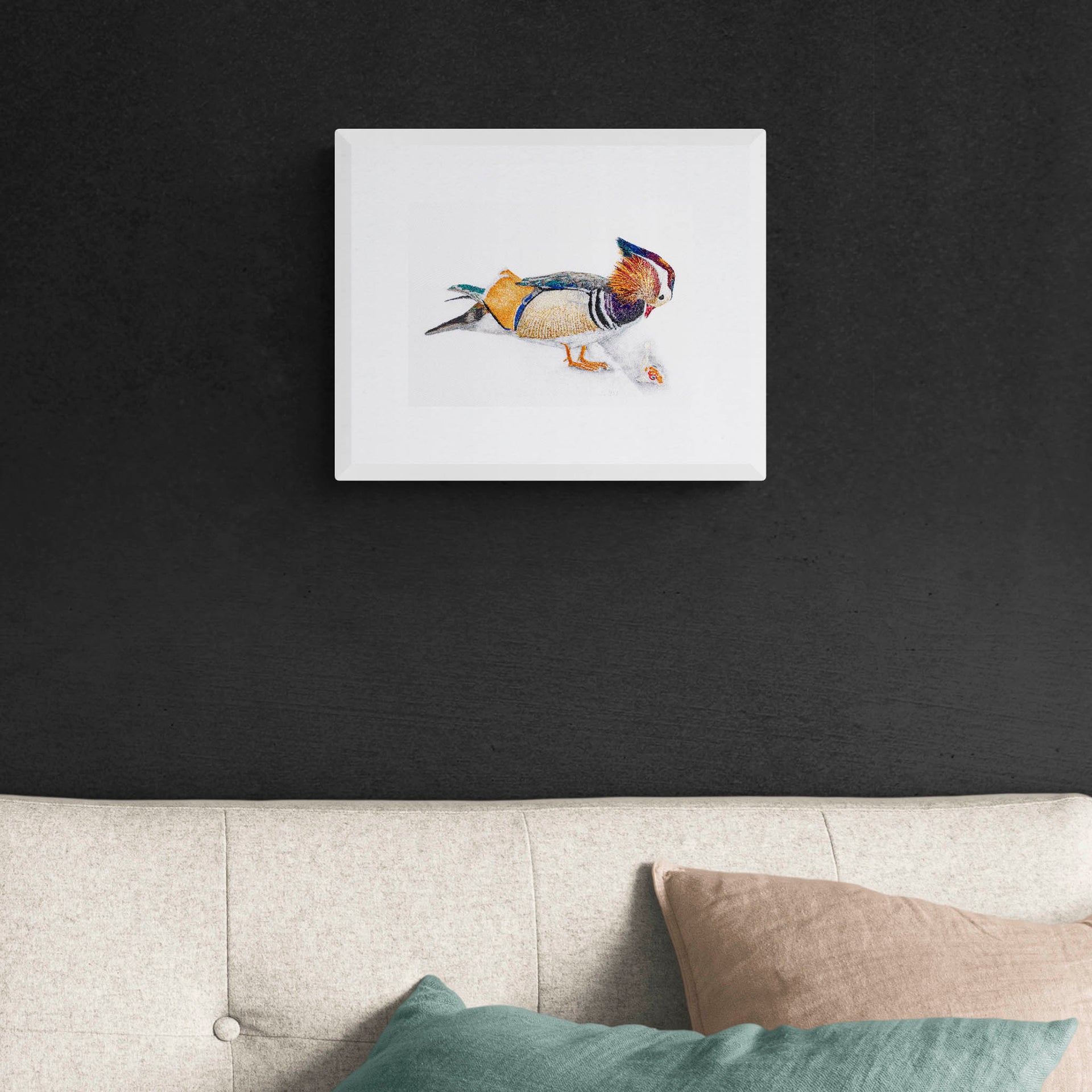 Mandarin duck hand embroidered limited edition print in frame on the wall